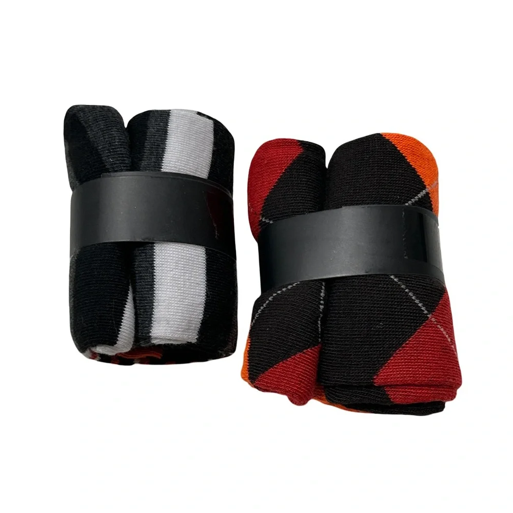 Debra Weitzner Men’s 2-Pair Sock Set Black Orange Stripes & Argyle NWT Size 9-11